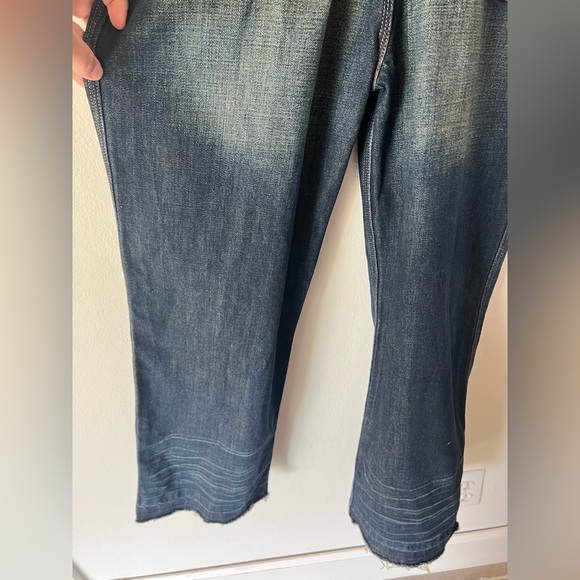 Buz Jones Dark Wash Wide Leg Cropped Frayed Cuff Denim Overalls Size Medium - Picture 9 of 15